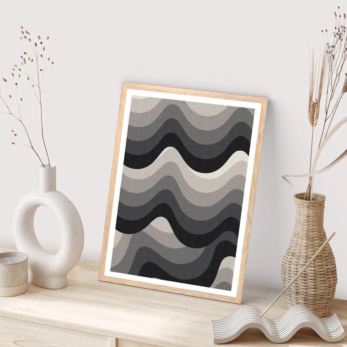 Plakat i ramme af lyst egetræ - Bølge efter bølge - 61x91 cm