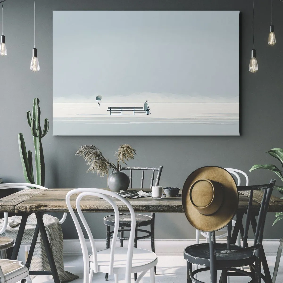 Lærredstryk - Billede på lærred - En person sidder på en bænk i et minimalistisk landskab - 70x50cm - Ja, jeg venter. - Moderne vægdekoration til stue og soveværelse ARTTOR