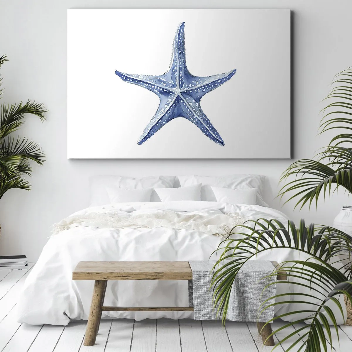 Lærredstryk - Billede på lærred - Blå søstjerne på en hvid baggrund i minimalistisk stil - 70x50cm - Havets stjerne - Moderne vægdekoration til stue og soveværelse ARTTOR