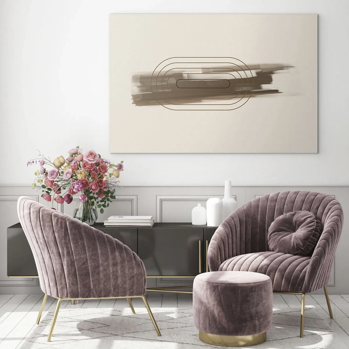 Billede på glas - Abstraktion i brune nuancer med et minimalistisk mønster - 70x50cm - Et pust af gråvejr - Moderne vægdekoration til stue og soveværelse ARTTOR