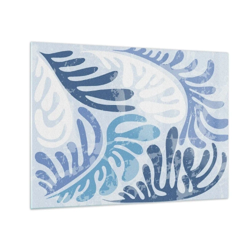 Billede på glas - Dekorative bregneblade i blå nuancer på en lys baggrund - 70x50cm - Blå bregner - Moderne vægdekoration til stue og soveværelse ARTTOR