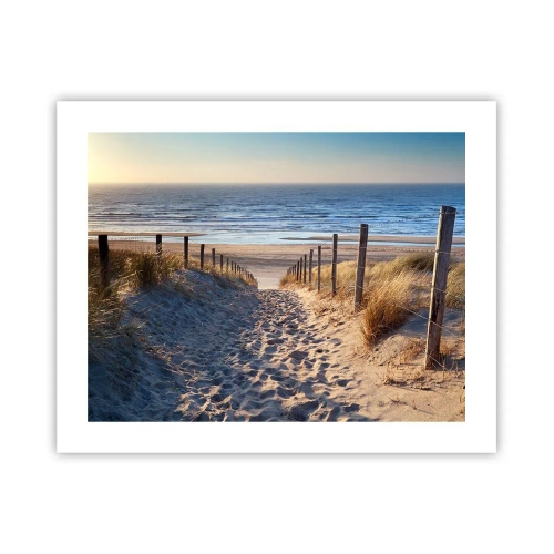 Plakat - Havet brummer, fuglene synger, en vild strand midt i græsset.... - 50x40 cm