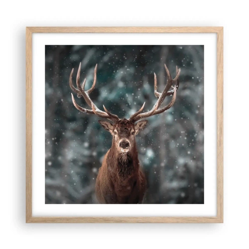 Plakat i ramme af lyst egetræ - Skovens konge kronet - 50x50 cm