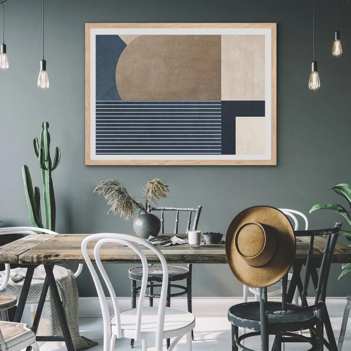 Plakat i ramme af lyst egetræ - En komposition af enkelhed og rundhed - 100x70 cm