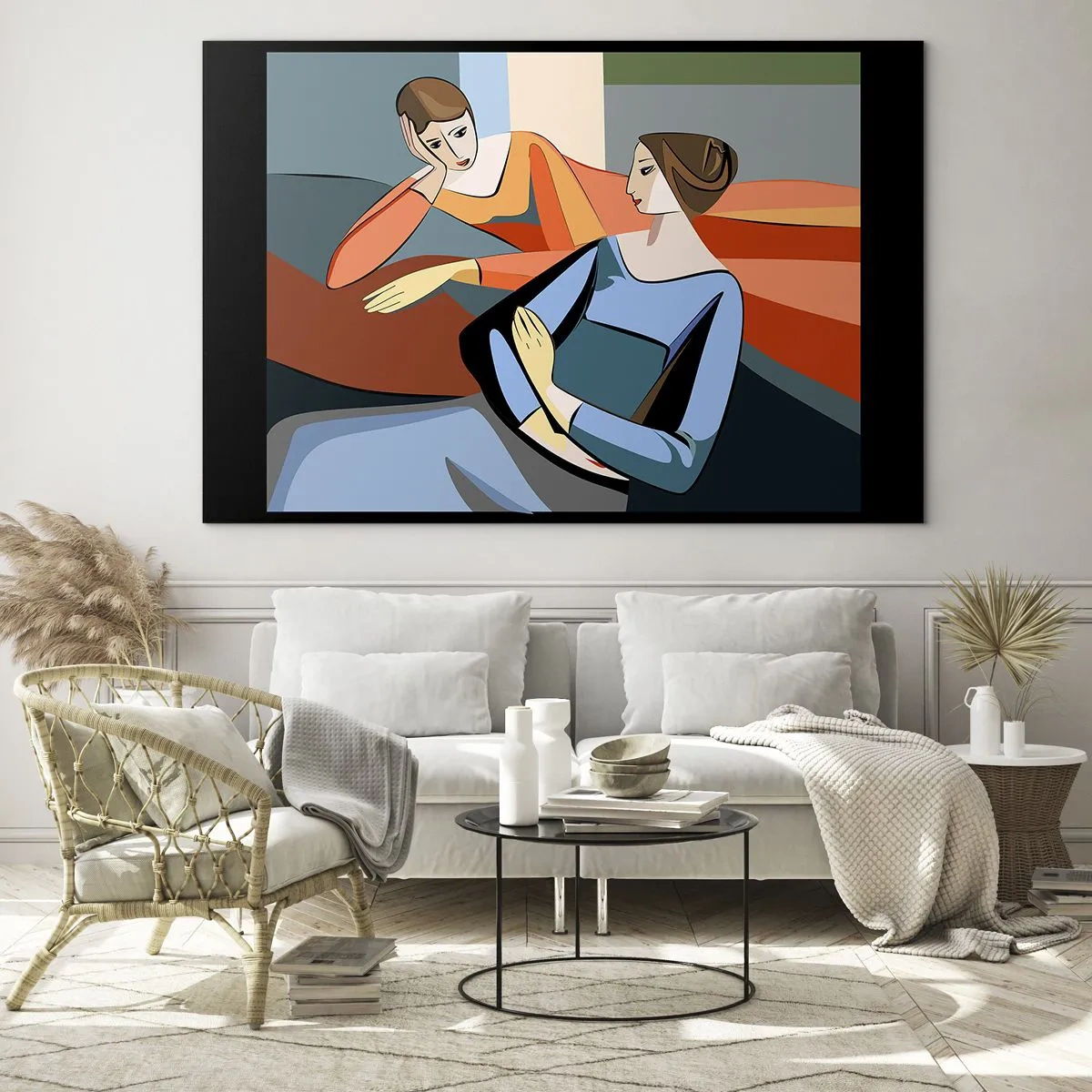 Billede på glas - En geometrisk scene af en samtale mellem to kvinder mod en baggrund af et interiør. - 70x50cm - Et øjeblik af fortrolighed - Moderne vægdekoration til stue og soveværelse ARTTOR