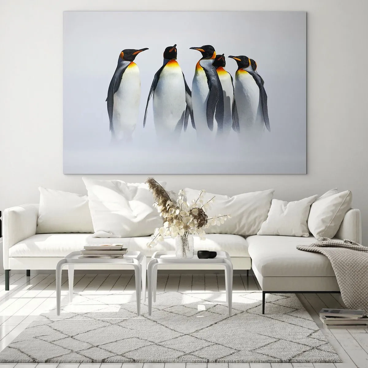 Billede på glas - En gruppe pingviner i et vinterlandskab - 70x50cm - Møde i aftenkjole - Moderne vægdekoration til stue og soveværelse ARTTOR