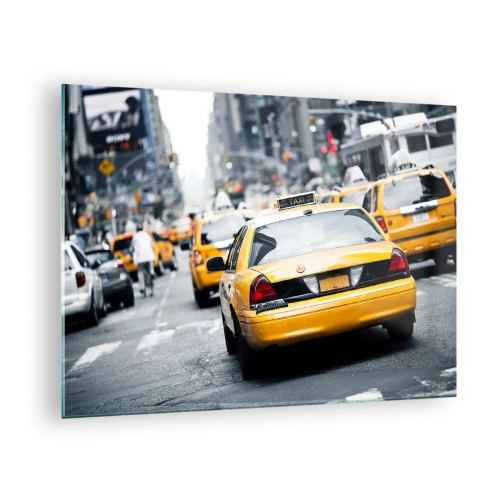 Billede på glas - Gule taxaer på gaderne i New York i byens travlhed - 70x50cm - Kun i denne by - Moderne vægdekoration til stue og soveværelse ARTTOR