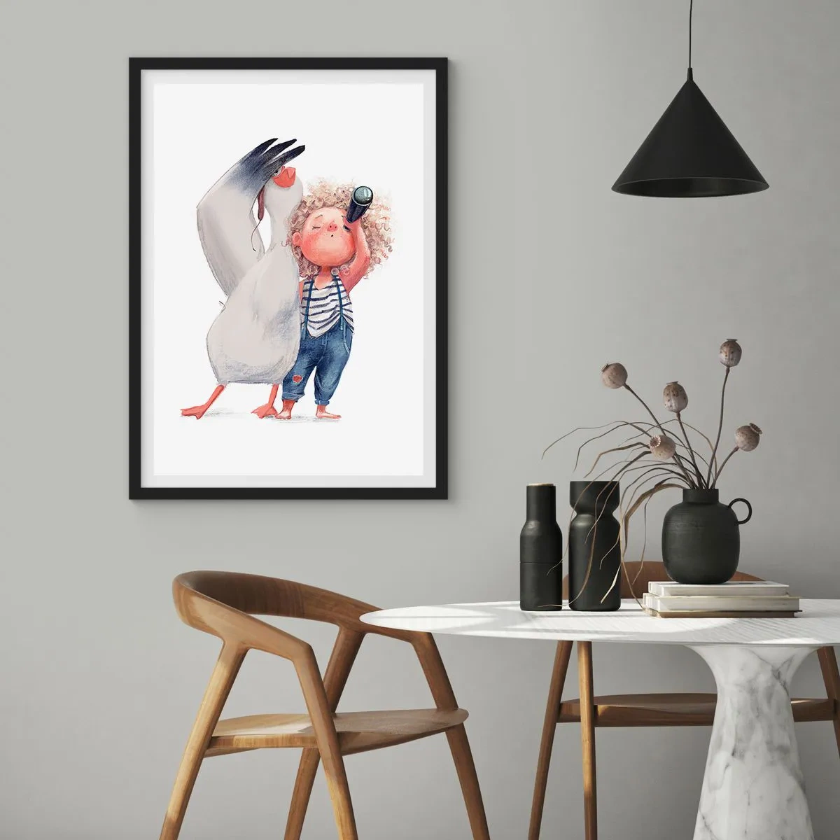 Plakat i sort ramme - Illustration af et barn med kikkert og en fugl, der ledsager dem - 50x70cm - En plan for en fantastisk rejse - Moderne vægdekoration til stue og soveværelse ARTTOR