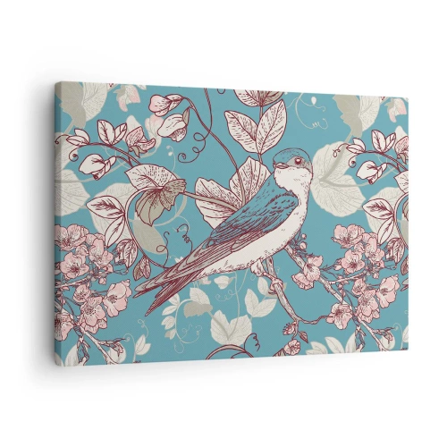 Lærredstryk - Billede på lærred - En fugl på en gren i en delikat blomsterstil - 70x50cm - I de hvide skove kvidrende og sølvfarvede - Moderne vægdekoration til stue og soveværelse ARTTOR