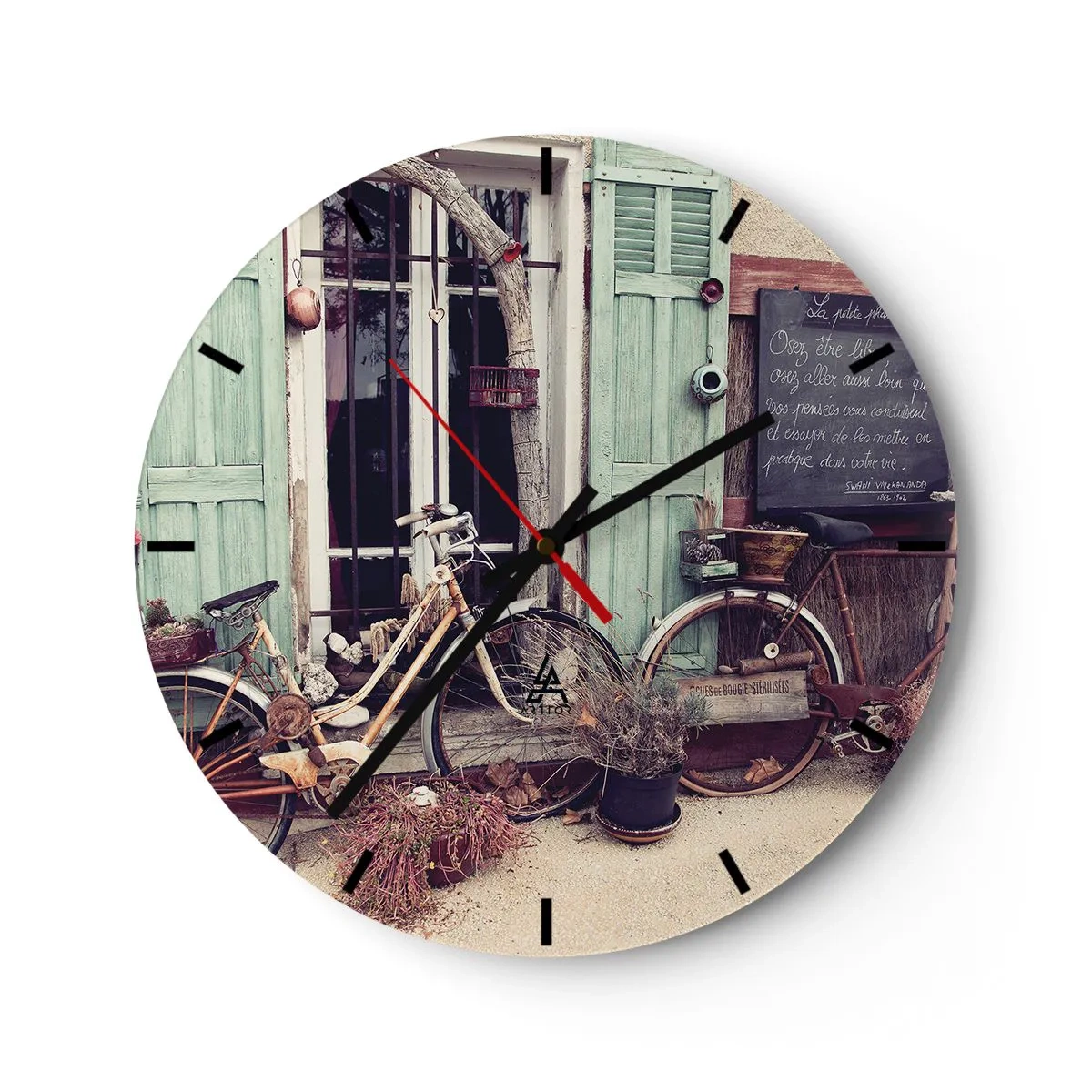 Vægur, Uret - Retrocykler foran grønne skodder - 30x30cm - Længe leve provinsen - Moderne vægdekoration til stue, køkken og soveværelse ARTTOR