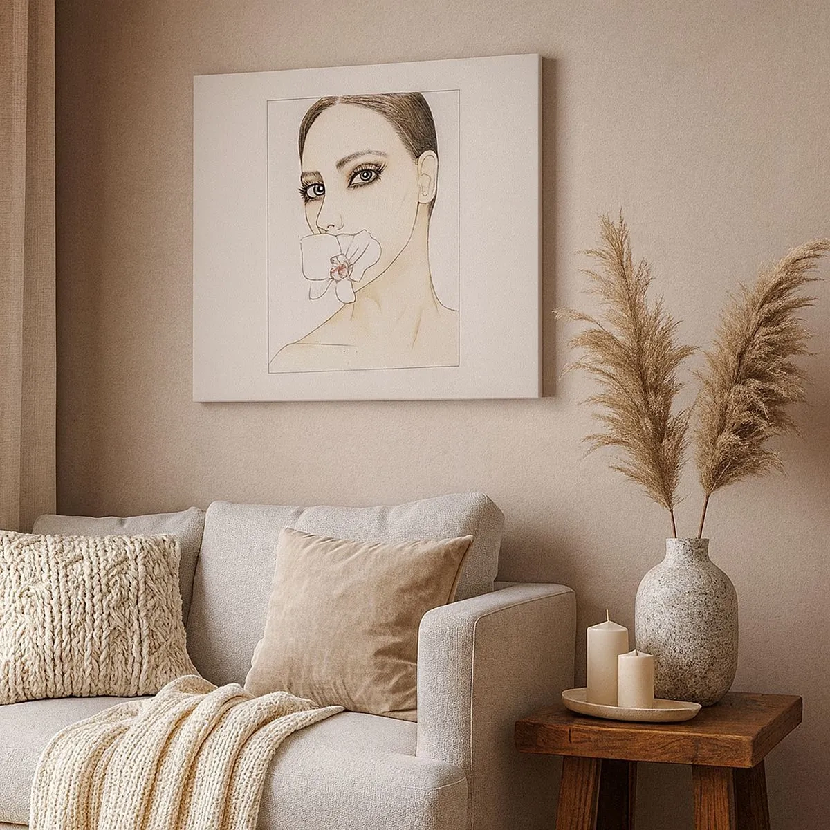 Lærredstryk - Billede på lærred - Portræt af en kvinde med en orkidé i sarte farver - 70x50cm - Et symbol på elegance og skønhed - Moderne vægdekoration til stue og soveværelse ARTTOR