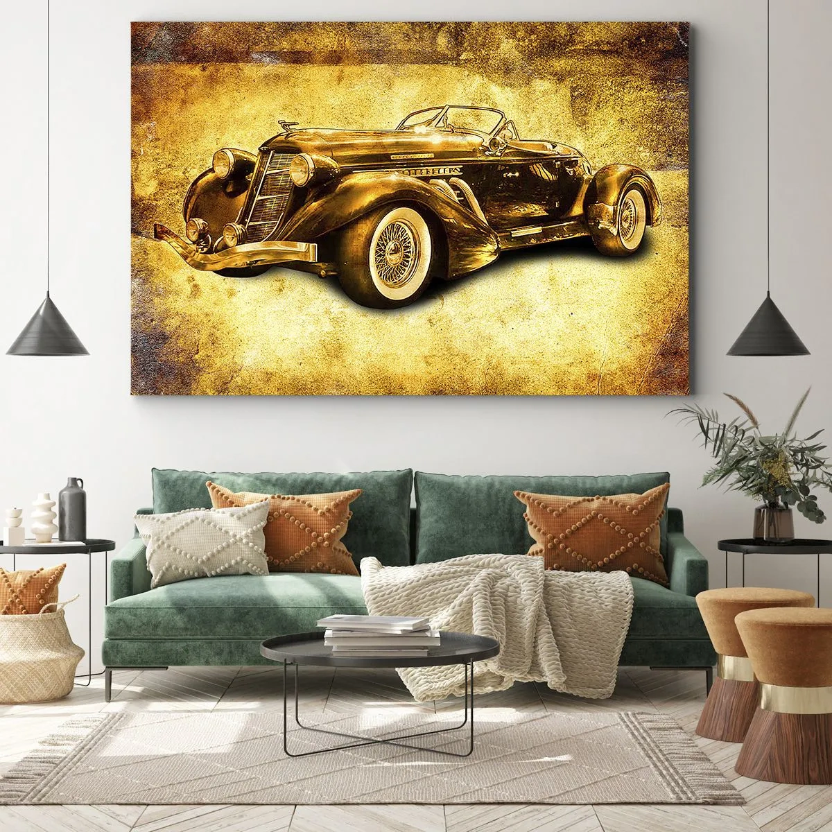 Lærredstryk - Billede på lærred - En klassisk guldfarvet retro cabriolet mod en vintage-baggrund i varme farver. - 70x50cm - Eliten af eliten - Moderne vægdekoration til stue og soveværelse ARTTOR