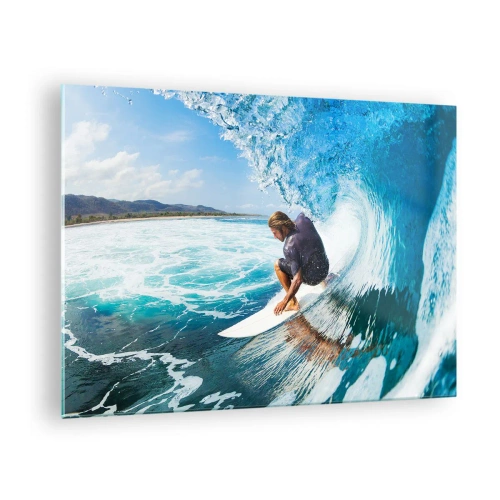 Billede på glas - Surfer i en vandtunnel med havet i baggrunden - 70x50cm - Danser med bølgerne - Moderne vægdekoration til stue og soveværelse ARTTOR