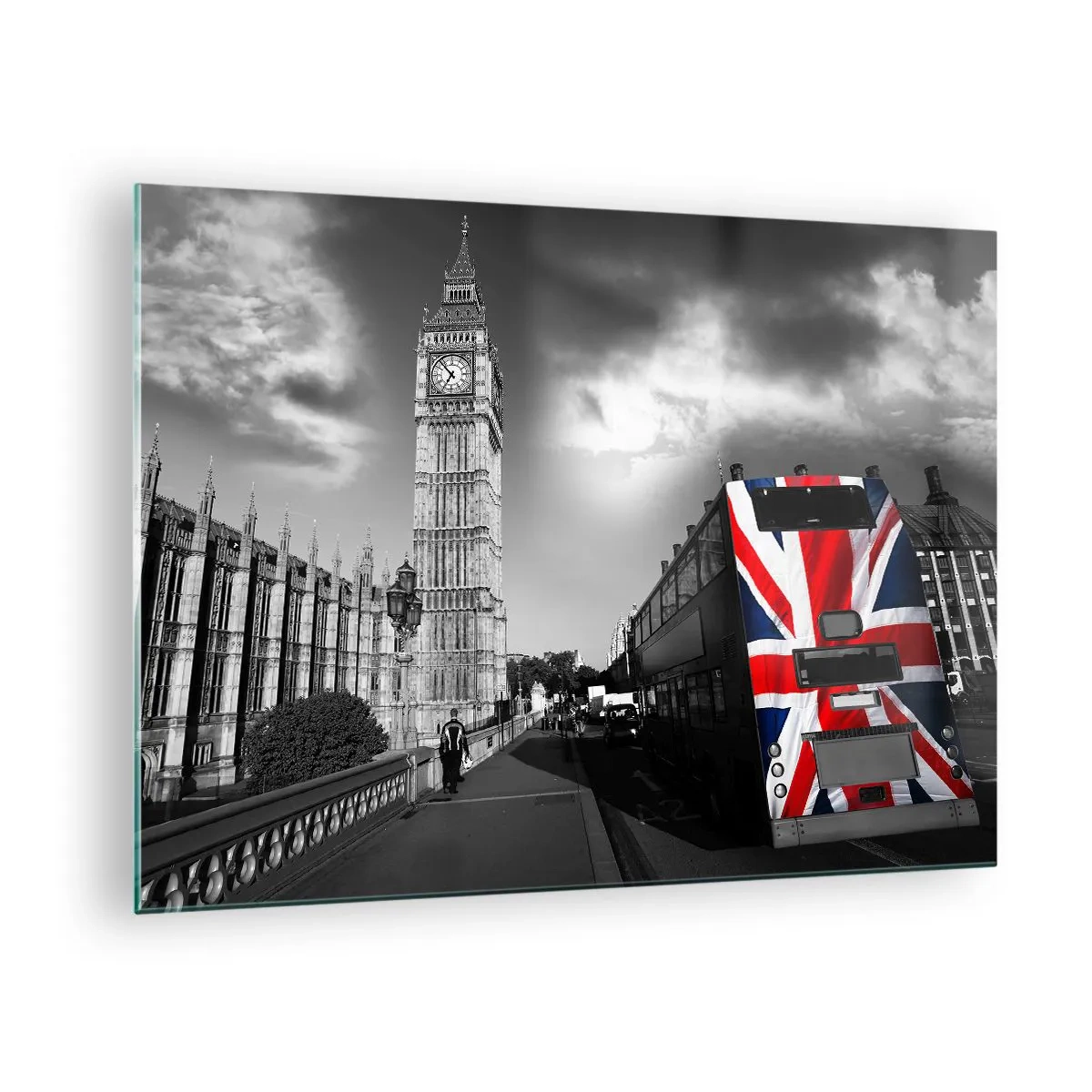 Billede på glas - Big Ben og en bus med et britisk flag - 70x50cm - Stolt og stor - Moderne vægdekoration til stue og soveværelse ARTTOR