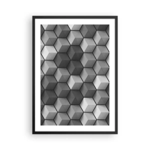 Plakat i sort ramme - Sort-hvid komposition af 3D geometriske terninger - 50x70cm - Kubistisk puslespil - Moderne vægdekoration til stue og soveværelse ARTTOR