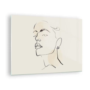 Billede på glas - Portræt af en kvinde i minimalistiske linjer på en lys baggrund - 70x50cm - Et stolt blik - Moderne vægdekoration til stue og soveværelse ARTTOR