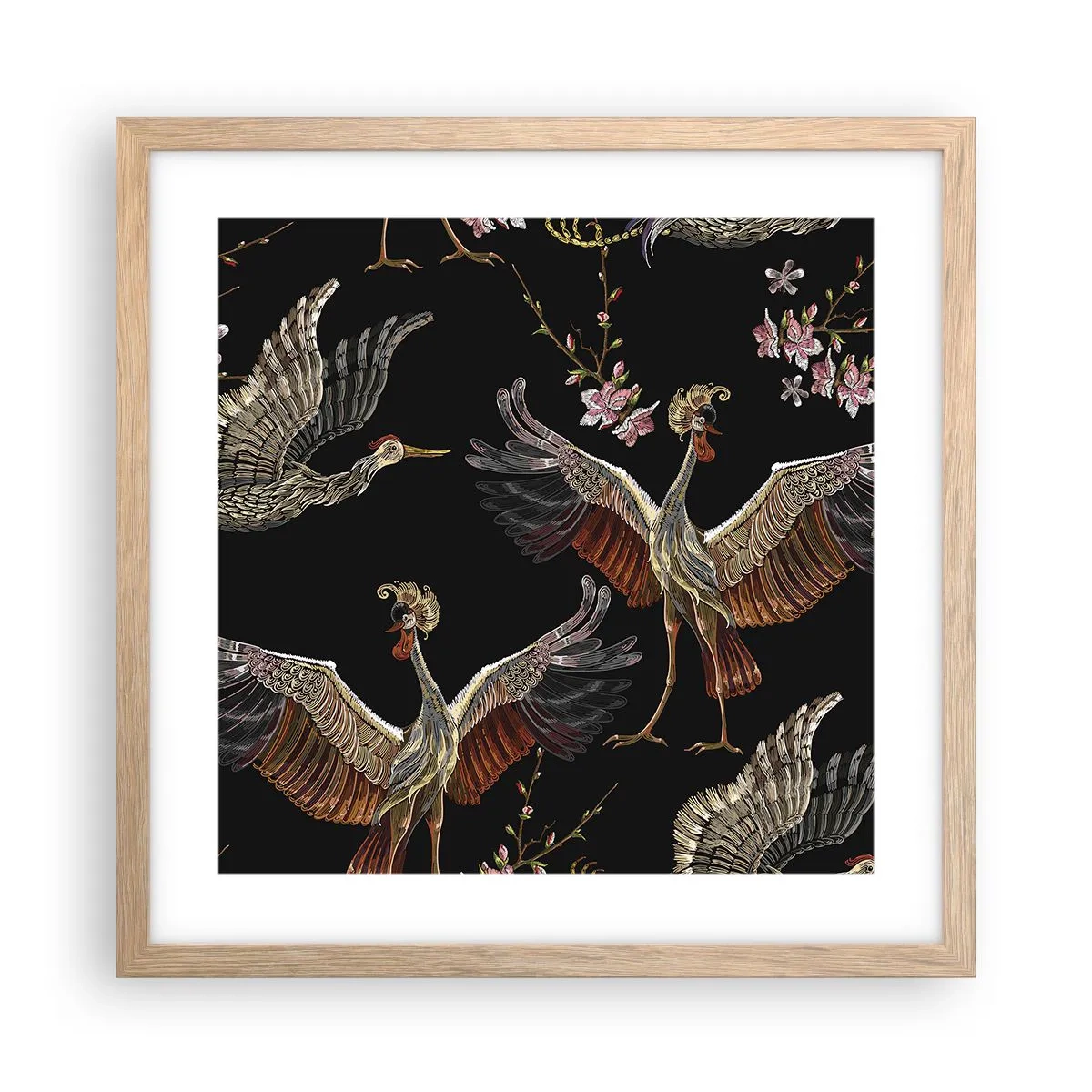 Plakat i ramme af lyst egetræ - Eventyrlig fugl - 40x40 cm