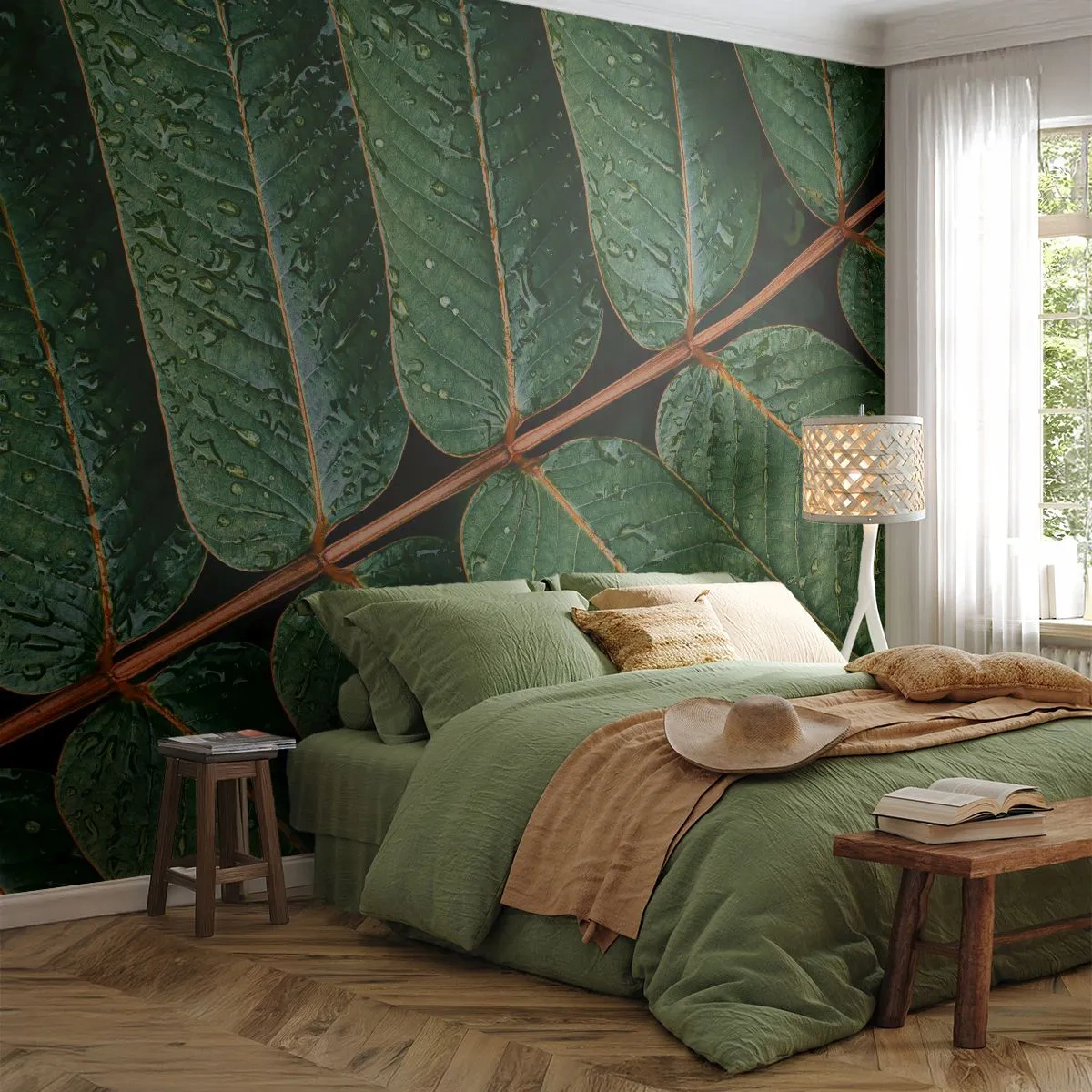 Fototapet Premium Canvas - I en grøn rytme - Grønne blade, Tropisk plante, Stykke - 300x210 cm