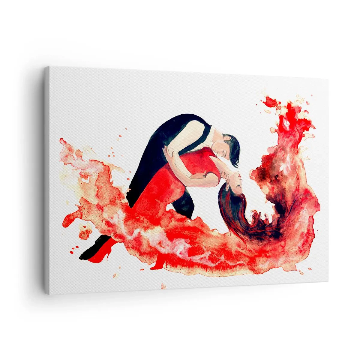 Lærredstryk - Billede på lærred - Et dynamisk akvarelmaleri af et dansende par i røde farver. - 70x50cm - Tango - en sensuel bølge - Moderne vægdekoration til stue og soveværelse ARTTOR