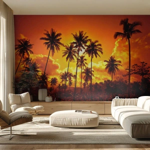 Fototapet Standard Eco - Palmer mod en gylden himmel ved solnedgang - 100x70cm - Bjerge brænder, skove brænder - Moderne vægdekoration til stue og soveværelse ARTTOR