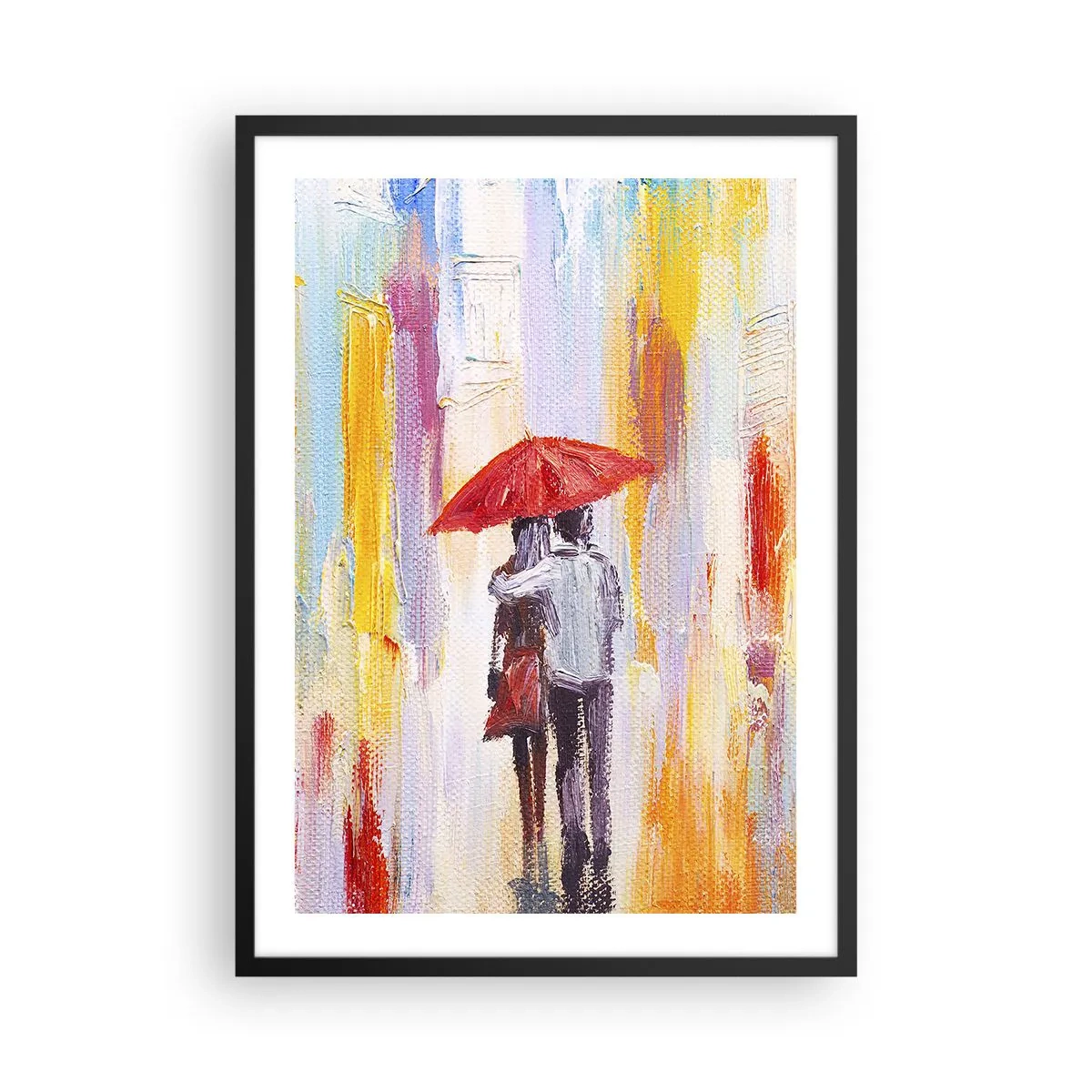 Plakat i sort ramme - En romantisk scene med et par under en rød paraply mod en bys baggrund. - 50x70cm - Lad det regne mere - Moderne vægdekoration til stue og soveværelse ARTTOR