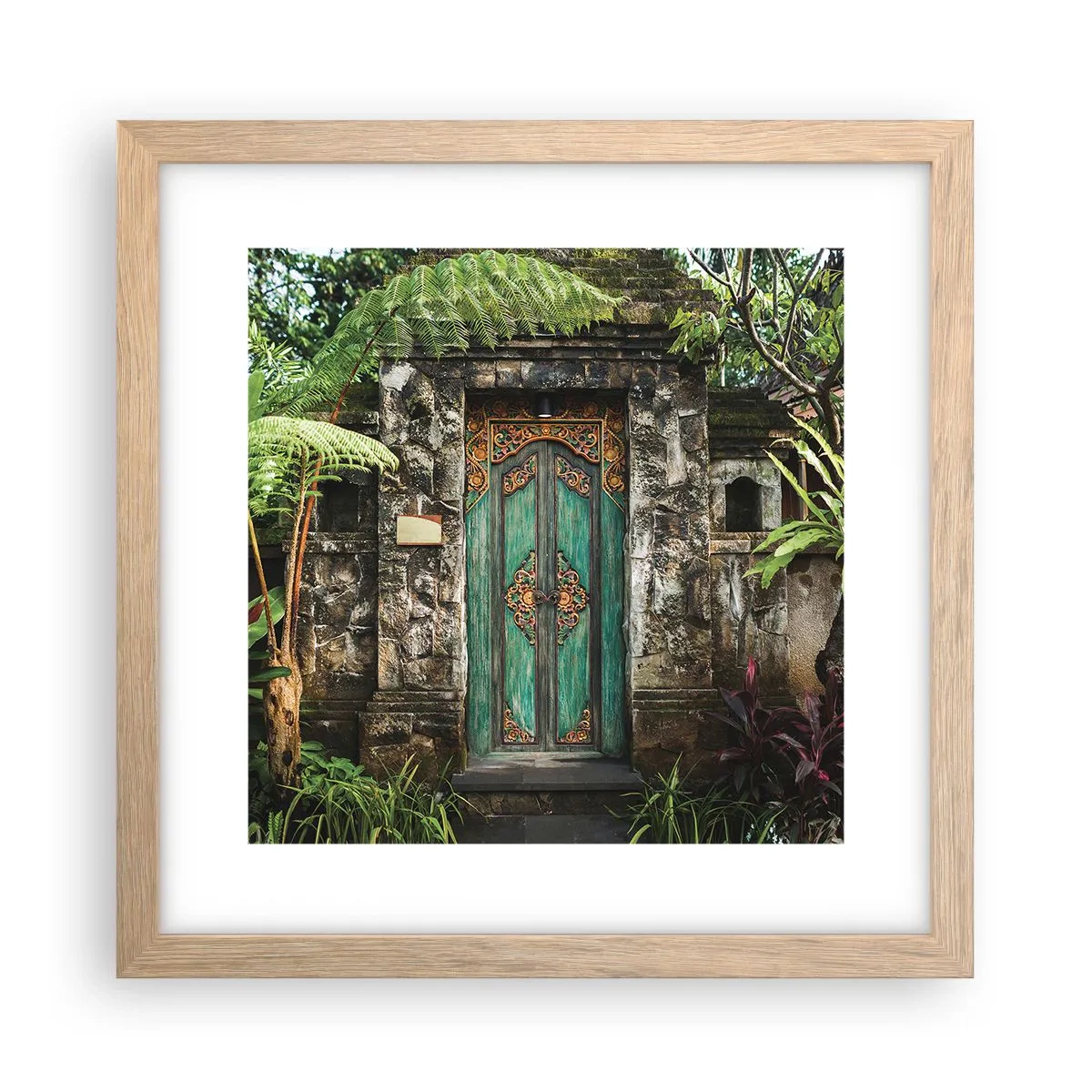 Plakat i ramme af lyst egetræ - En dør til en eksotisk verden - 30x30 cm