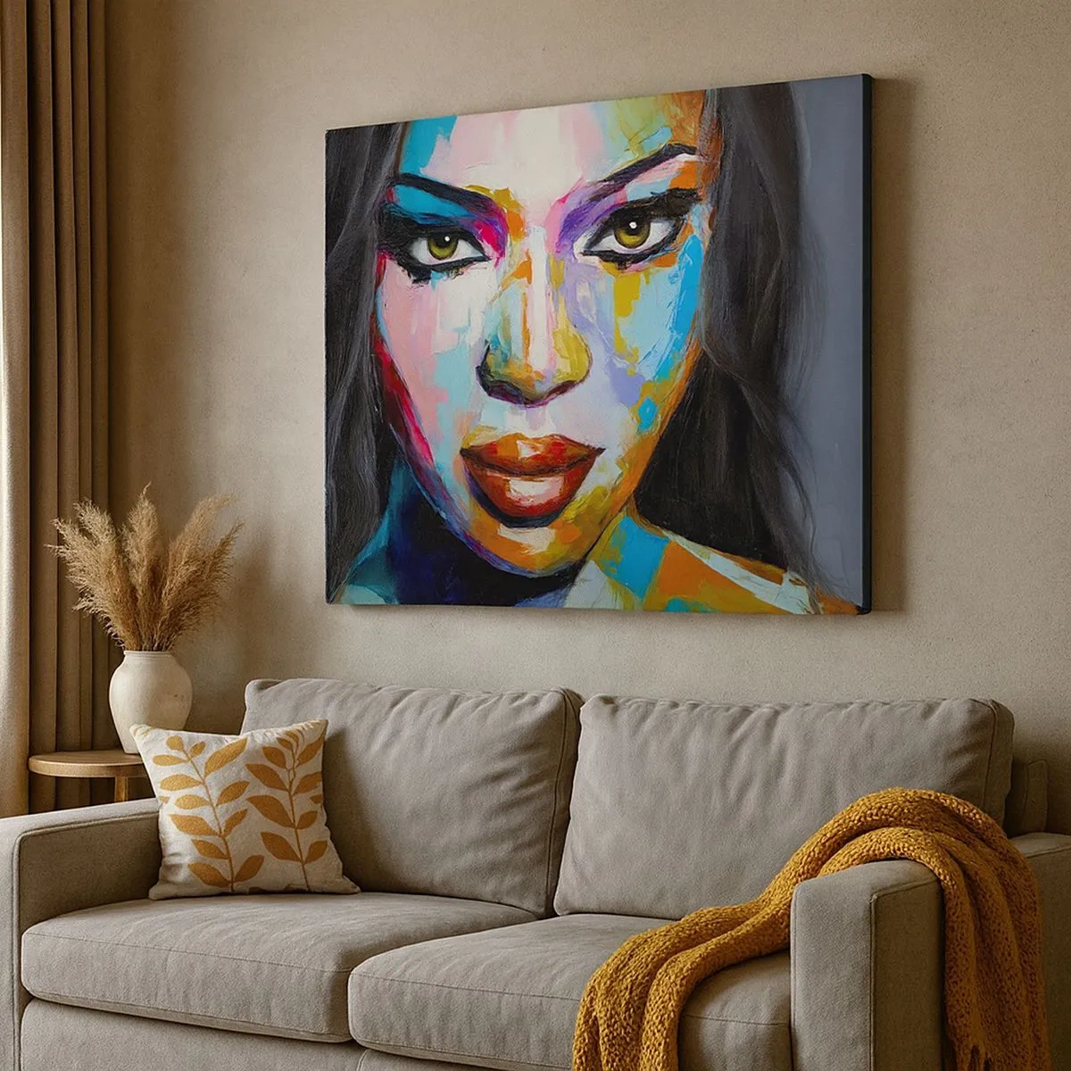 Lærredstryk - Billede på lærred - Et farverigt portræt af en kvinde med et intenst blik - 70x50cm - Du kan ikke tage dine øjne fra - Moderne vægdekoration til stue og soveværelse ARTTOR