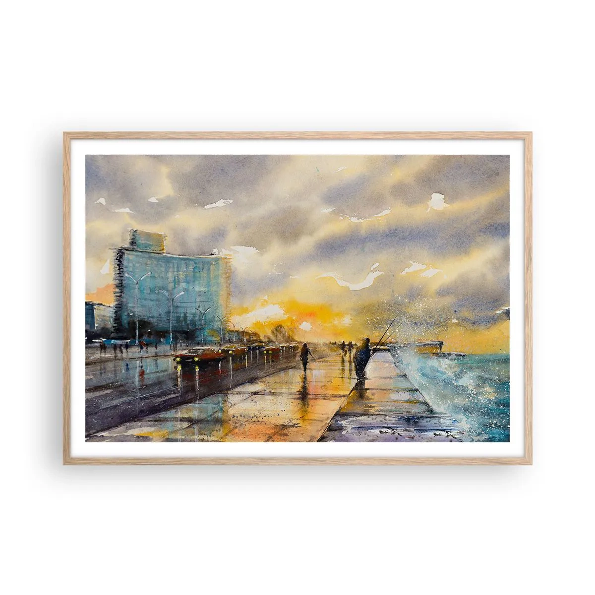 Plakat i ramme af lyst egetræ - Livet på kysten - 100x70 cm