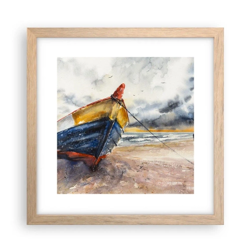 Plakat i ramme af lyst egetræ - Hvile på stranden - 30x30 cm