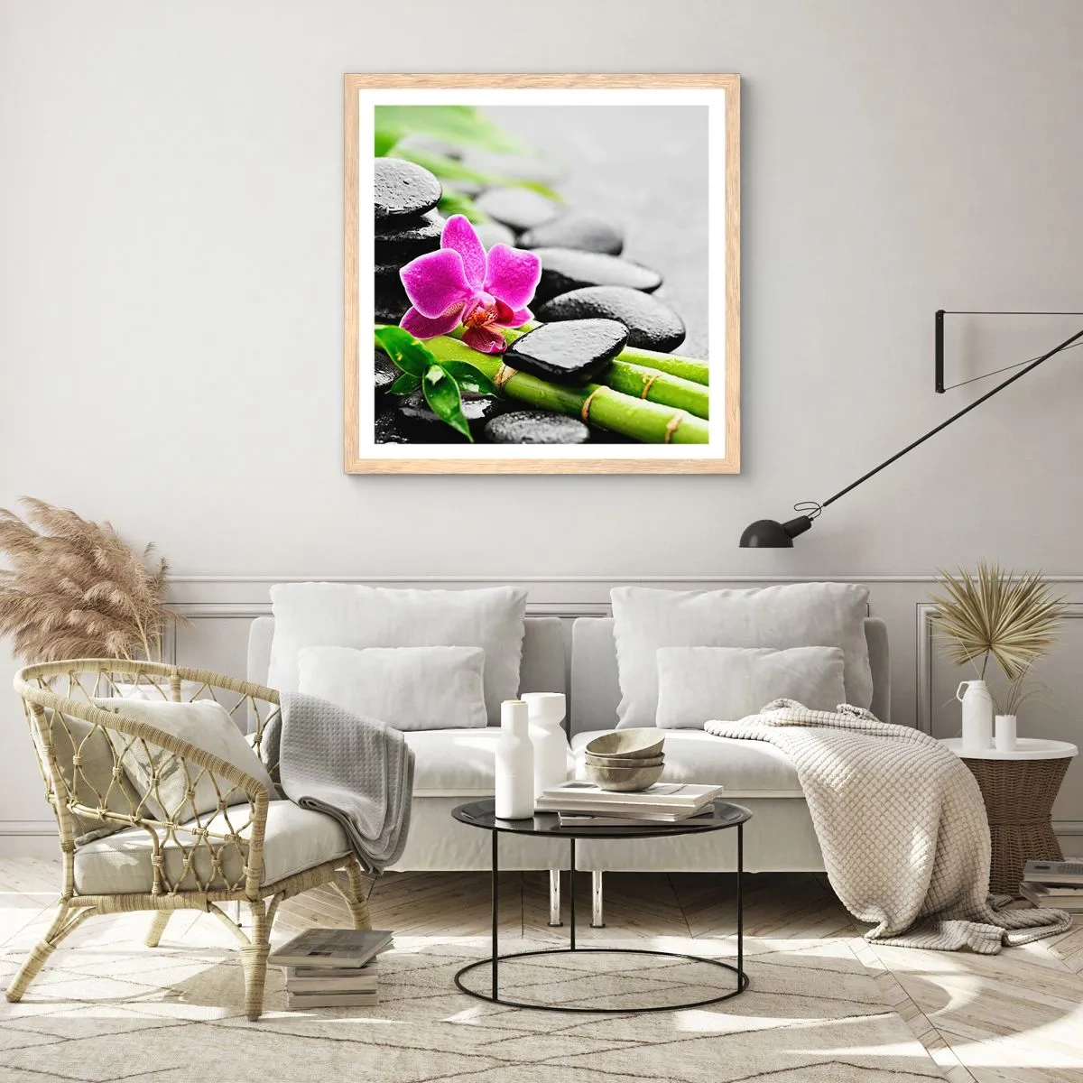 Plakat i ramme af lyst egetræ - I en fredelig balance - 30x30 cm