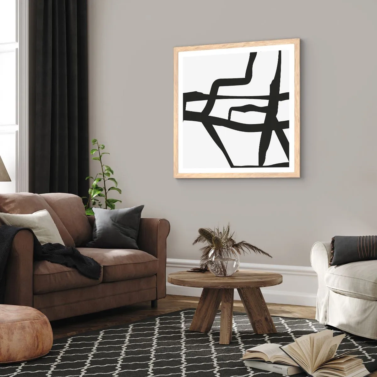Plakat i ramme af lyst egetræ - Sort og hvid konstruktion - 40x40 cm