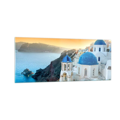 Billede på glas - Santorini - omfavnet af klipperne - 100x40 cm