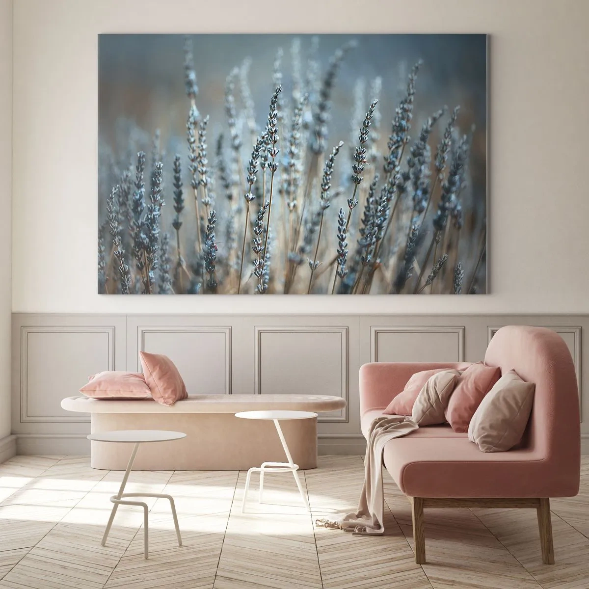 Billede på glas - En lavendelmark i blødt, køligt lys - 70x50cm - Duftende plet - Moderne vægdekoration til stue og soveværelse ARTTOR