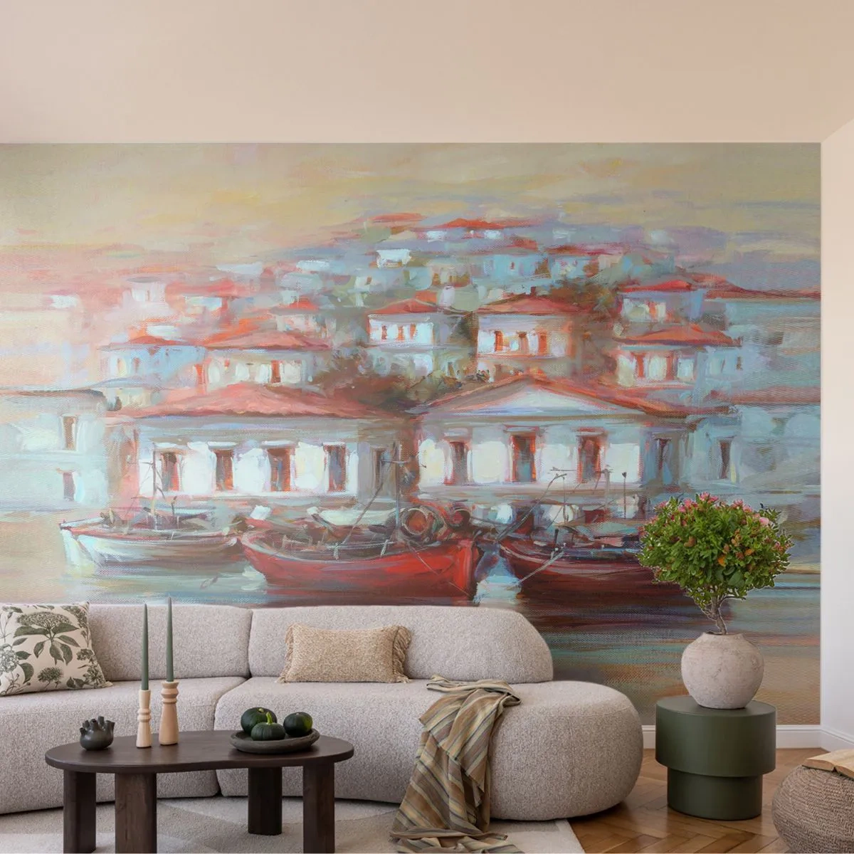 Fototapet Selvklæbende Deluxe Sticker - Lykkelig by - Arkitektur, Sejlbåd, Havn - 250x175 cm