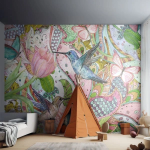 Fototapet Premium Sand - Forviklet i vinstokkene - Blomster, Fugl, Sommerfugl - 250x175 cm