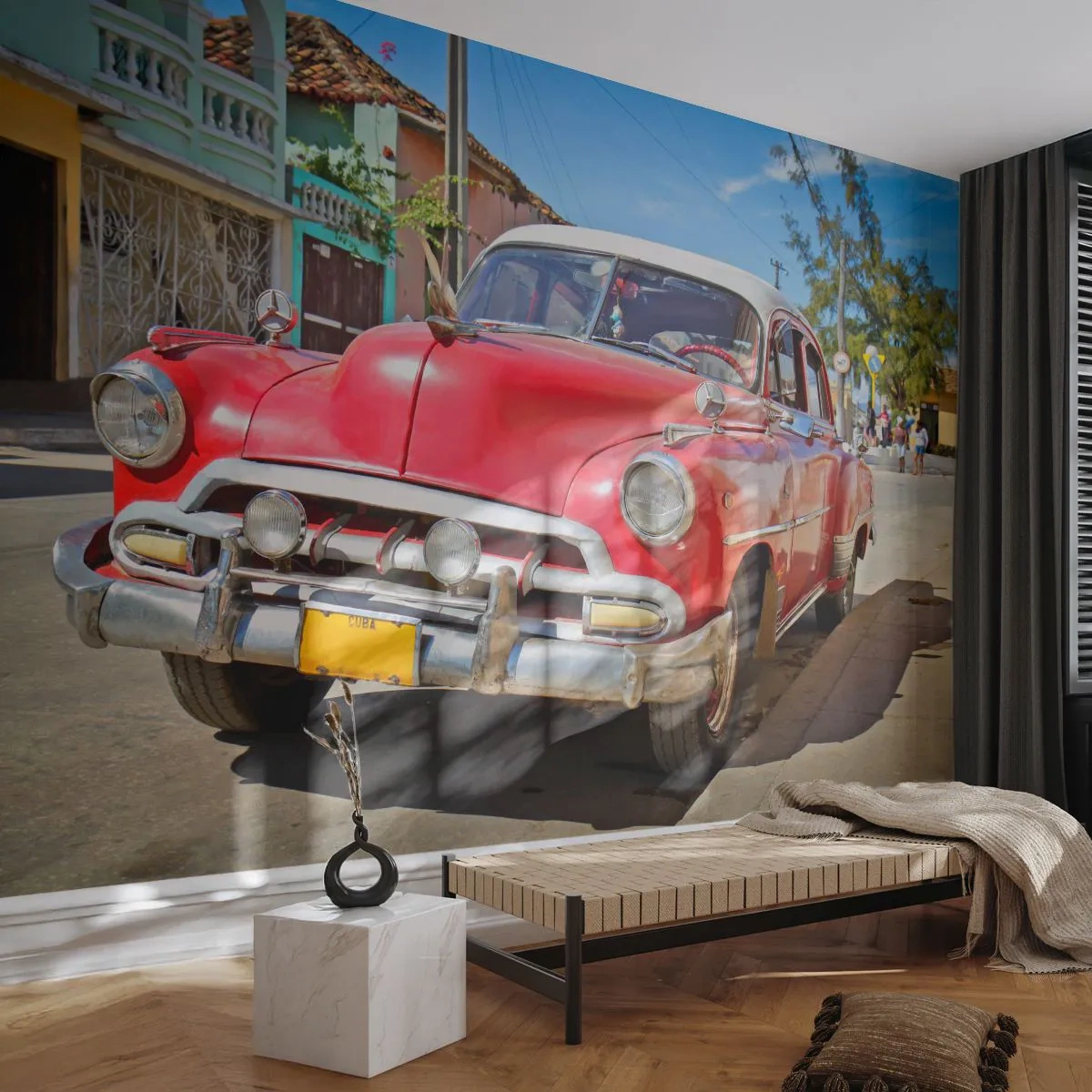 Fototapet Premium Sand - Kun på Cuba - Automotive, Veteranbil, Arkitektur - 100x70 cm
