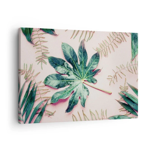 Lærredstryk - Billede på lærred - Tropiske blade på en lys pastelbaggrund - 70x50cm - En undersøgelse af grønt på en lyserød baggrund - Moderne vægdekoration til stue og soveværelse ARTTOR