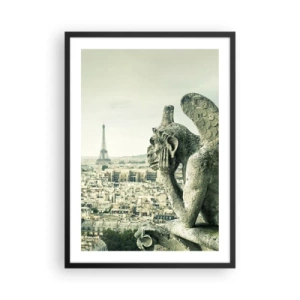 Plakat i sort ramme - En gargoyle med udsigt over Eiffeltårnet og Paris' skyline - 50x70cm - Parisisk chat - Moderne vægdekoration til stue og soveværelse ARTTOR