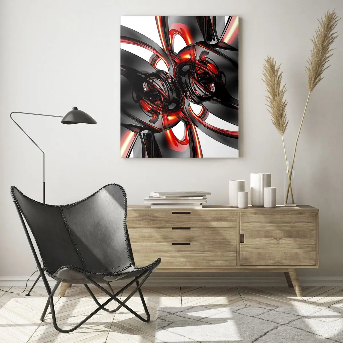 Billede på glas - Bevægelse i grafit og rød - 50x70 cm