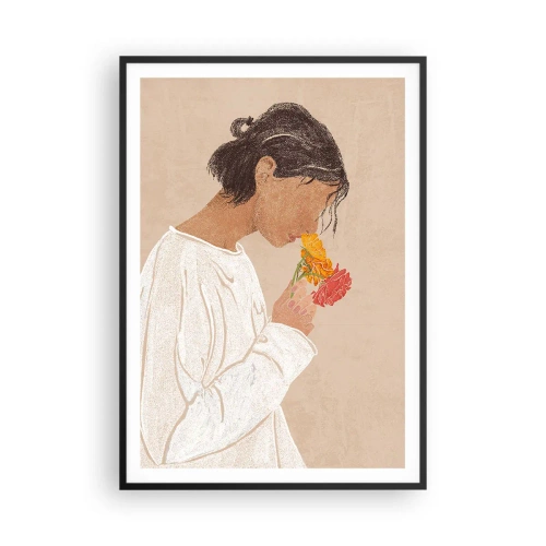 Plakat i sort ramme - Pige og blomster - 70x100 cm