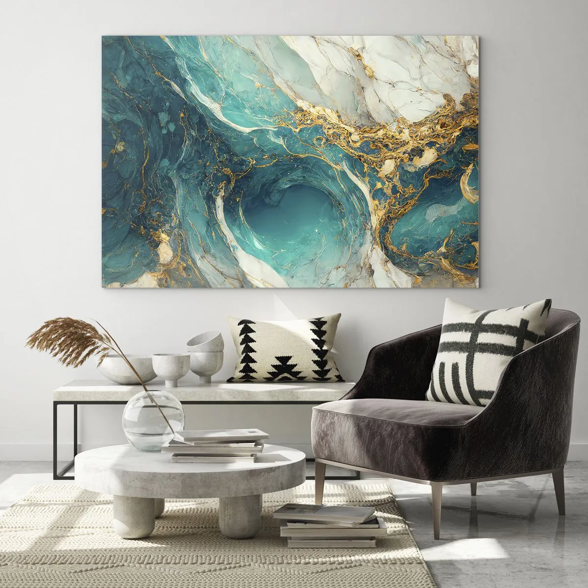 Billede på glas - Abstrakt komposition med turkis og guldårer - 70x50cm - Komposition med årer af guld - Moderne vægdekoration til stue og soveværelse ARTTOR