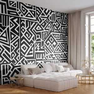 Fototapet Premium Sand - Præcolumbiansk sammensætning - Abstraktion, Stykke, Sort og hvid - 100x70 cm