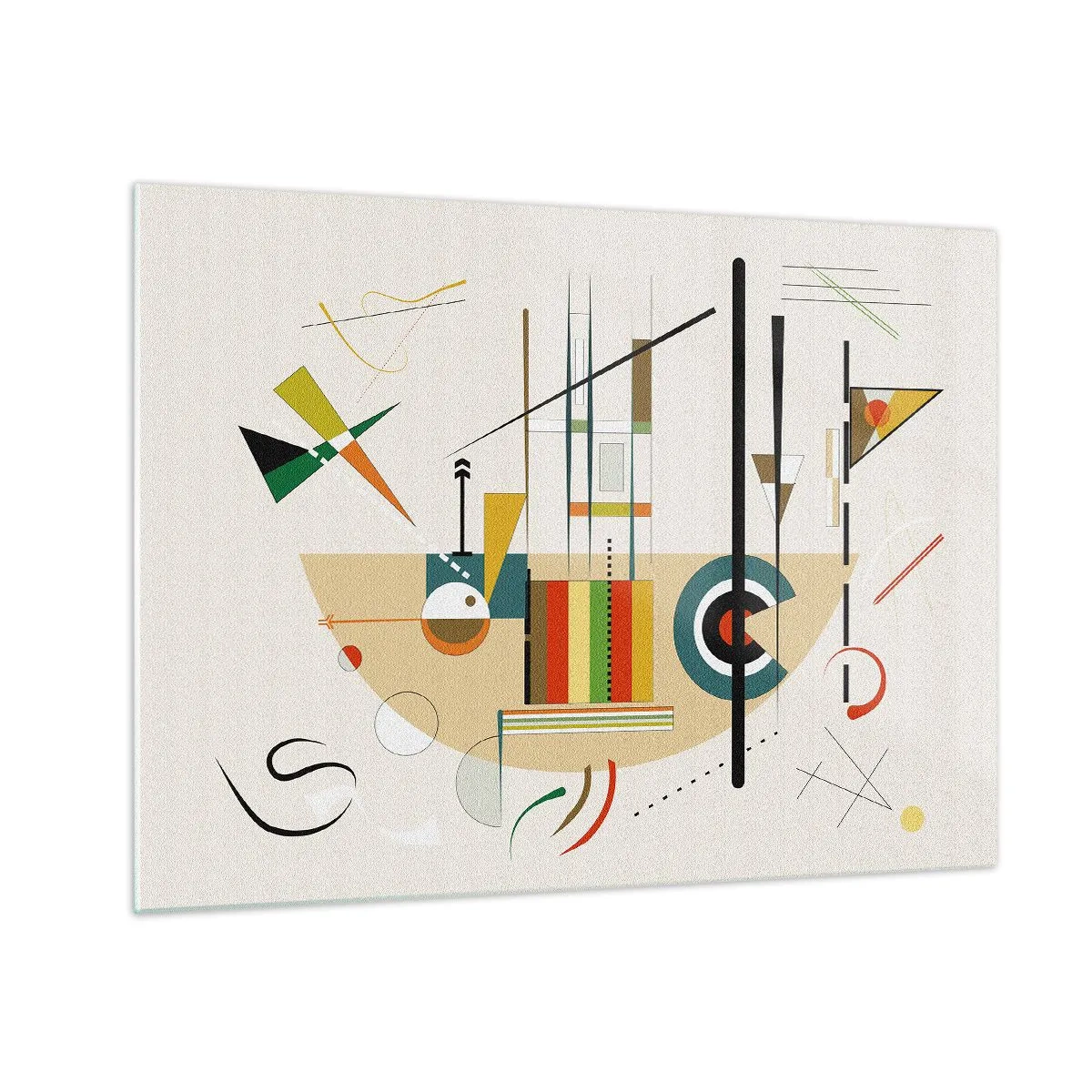 Billede på glas - Farverig geometrisk abstraktion på en lys baggrund - 70x50cm - Og verden griner - Moderne vægdekoration til stue og soveværelse ARTTOR