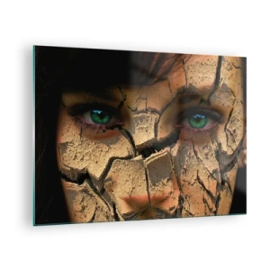 Billede på glas - En kvindes ansigt med en revnet jordeffekt - 70x50cm - Glæde og rædsel på samme tid - Moderne vægdekoration til stue og soveværelse ARTTOR