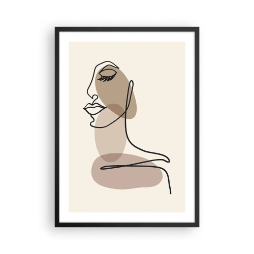 Plakat i sort ramme - Et minimalistisk portræt af en kvinde i abstrakte brune toner - 50x70cm - En vis linje af skønhed - Moderne vægdekoration til stue og soveværelse ARTTOR