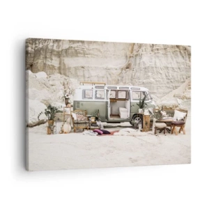 Lærredstryk - Billede på lærred - En retro campingvogn med boheme-design mod et klippefyldt landskab. - 70x50cm - Tid til at starte rejsen - Moderne vægdekoration til stue og soveværelse ARTTOR