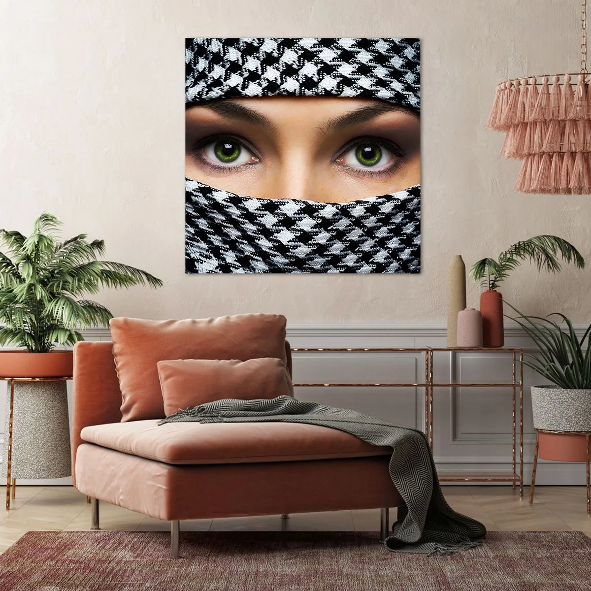 Lærredstryk - Billede på lærred - Et portræt af en sur grønøjede skønhed med grønne øjne - 40x40 cm