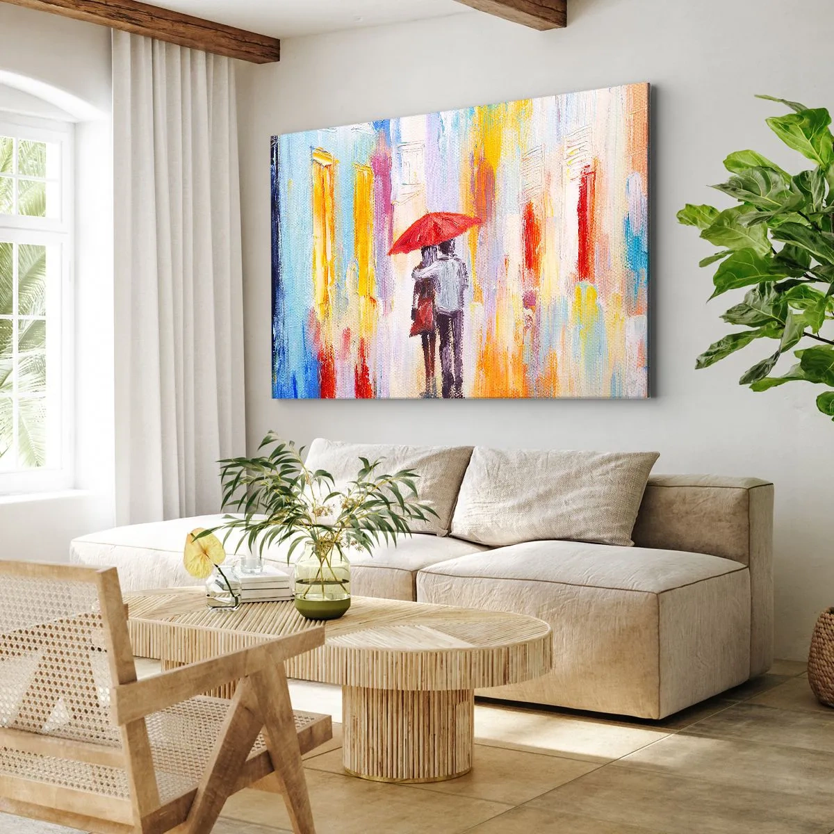 Lærredstryk - Billede på lærred - Et par under en rød paraply med farverige bygninger i baggrunden. - 70x50cm - Lad det regne mere - Moderne vægdekoration til stue og soveværelse ARTTOR