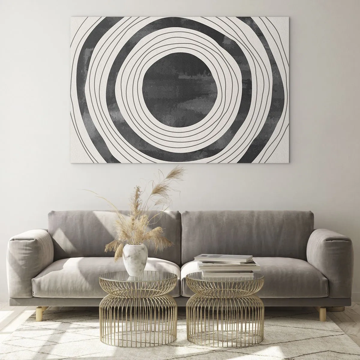 Billede på glas - Sorte og hvide koncentriske cirkler med uregelmæssige konturer - 70x50cm - Lige til det punkt - Moderne vægdekoration til stue og soveværelse ARTTOR