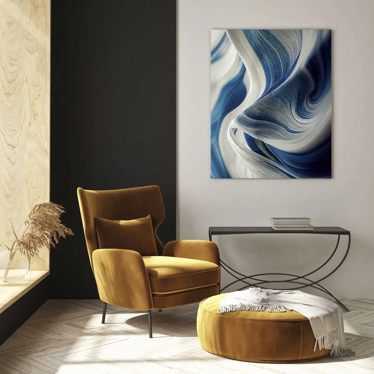 Billede på glas - Flydende blå og hvide farver - 50x70 cm